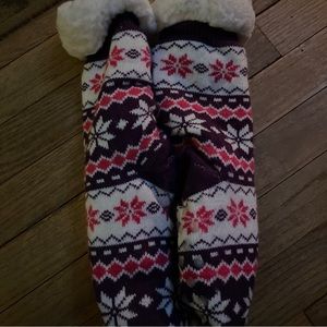 Women's Winter Fair Isle Warm Cozy Sherpa Fleece Lined Slipper Socks With Grips